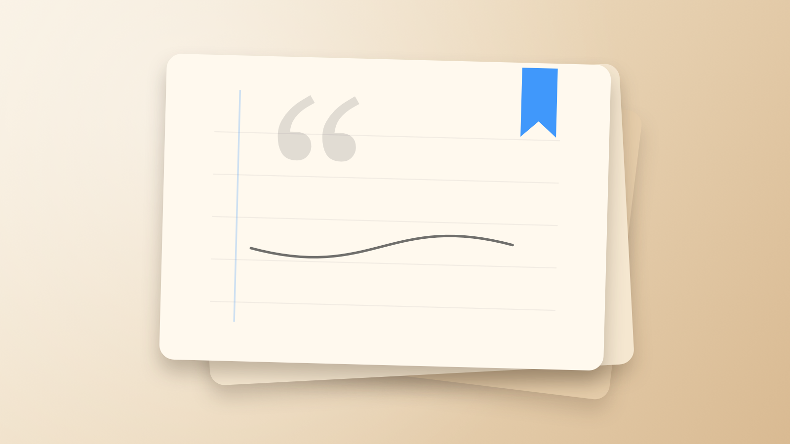 An editorial illustration of stacked paper, a quotation mark, and a blue bookmark